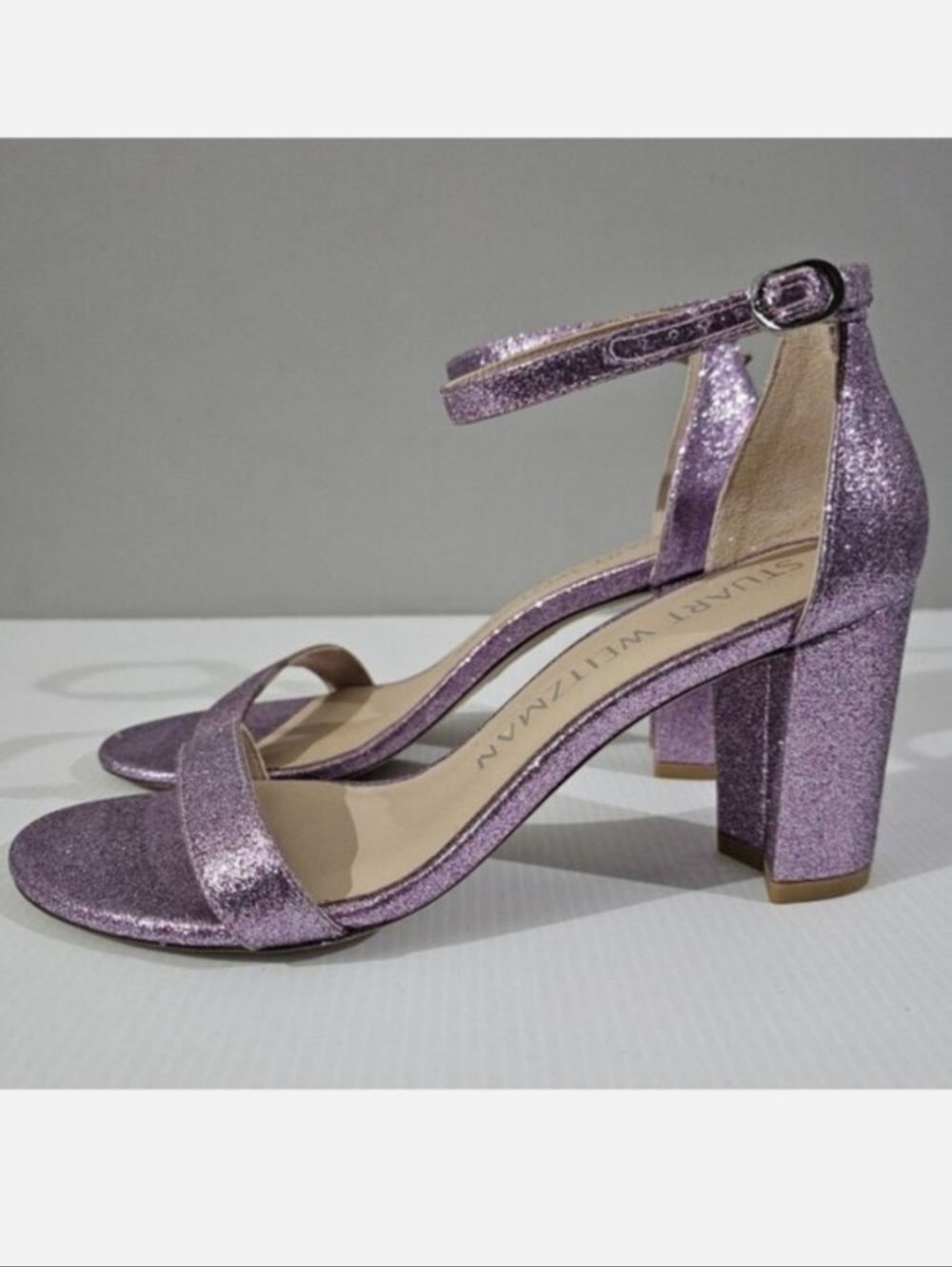 Stuart Weitzman Nearlynude Glitter Sandals 7 Rose Lilac Block Heel Ankle Strap